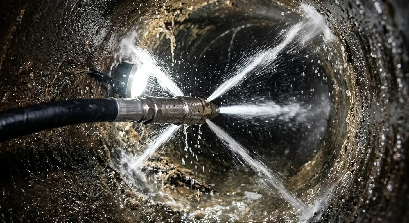 High-pressure hydro jetting nozzle cleaning sewer pipe for Emergency Drain Service in Aliquippa