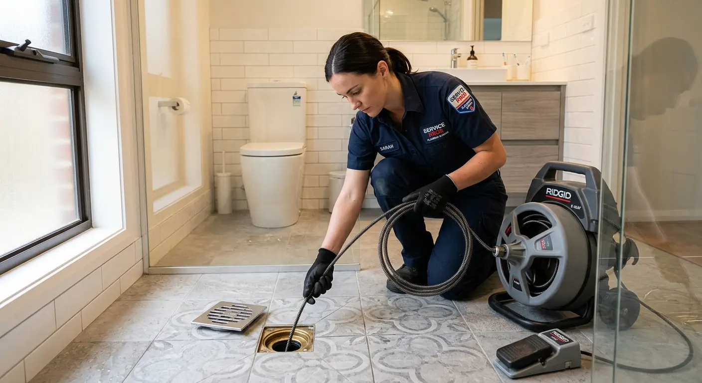 Technician clearing a bathroom floor drain for Sewer Line Installation in Aliquippa